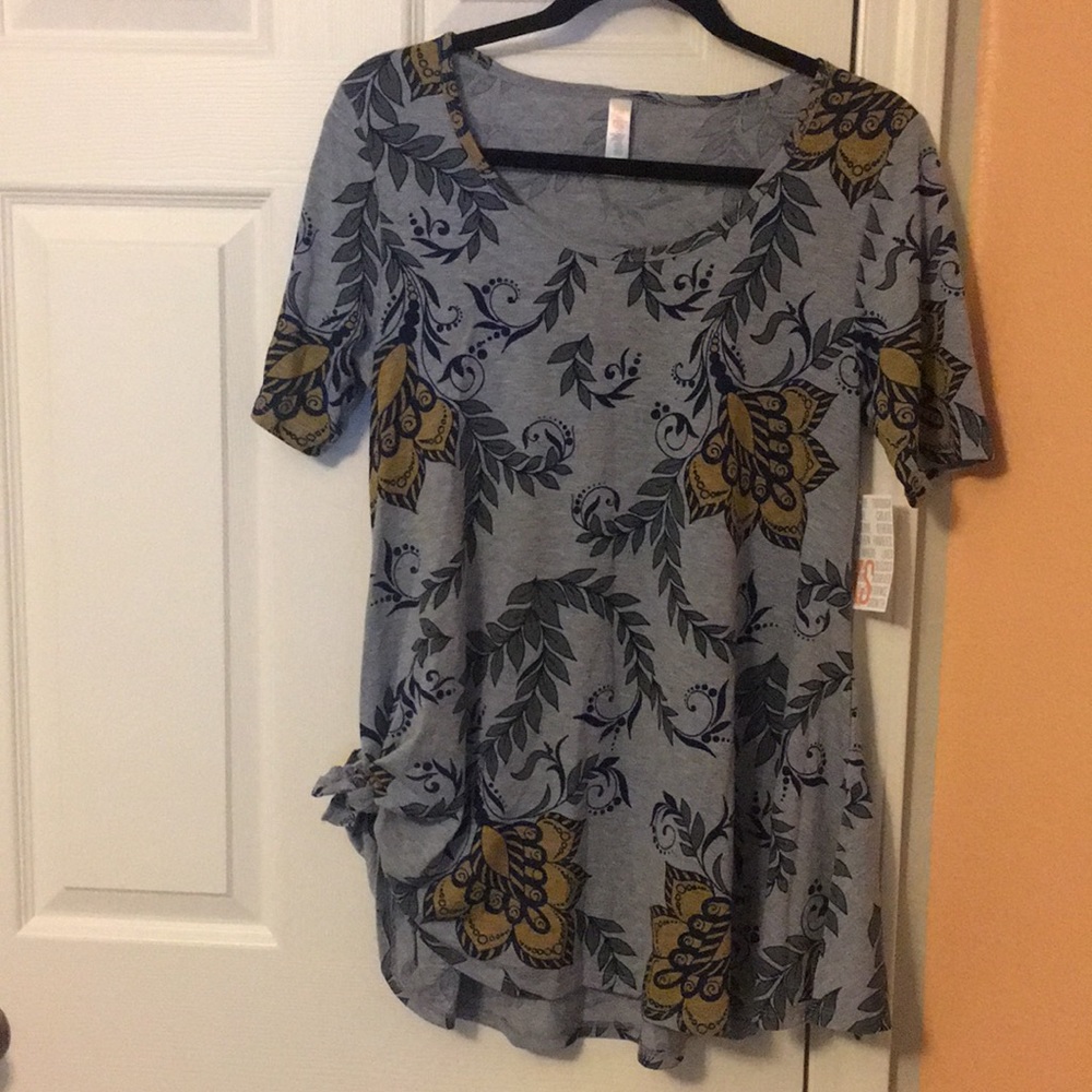 NWT LuLaRoe XS Prefect Tee gray with blue and gold